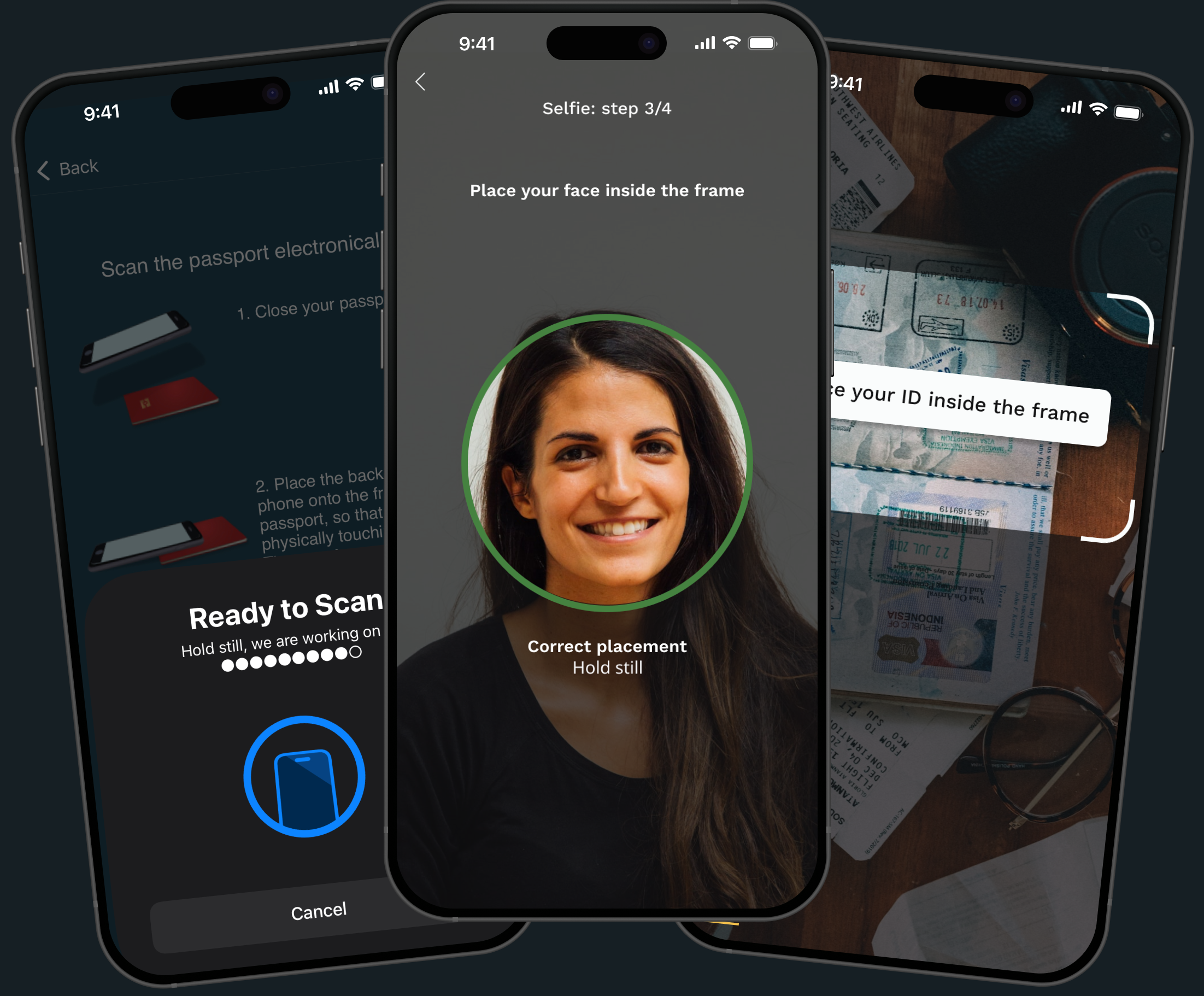 Three phones displaying ID Proofing